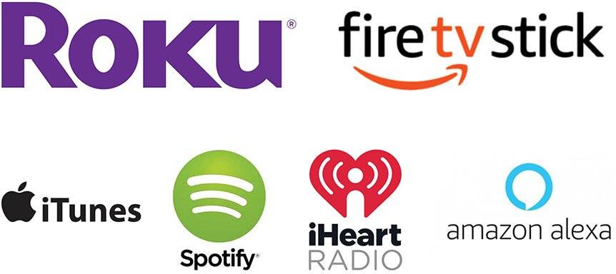 TV-and-Podcast-Logos Roku, amazon fire tv, itunes, spotify, iheart radio, and amazon music logos